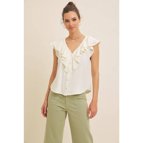 BUTTON-DOWN RUFFLE BLOUSE WITH CONTRAST STITCH