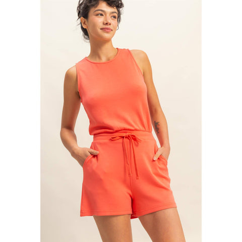 Drawstring Waist Sleeveless Romper
