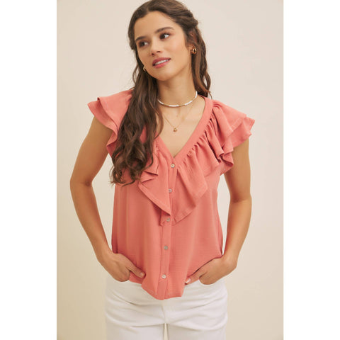 BUTTON-DOWN RUFFLE BLOUSE WITH CONTRAST STITCH