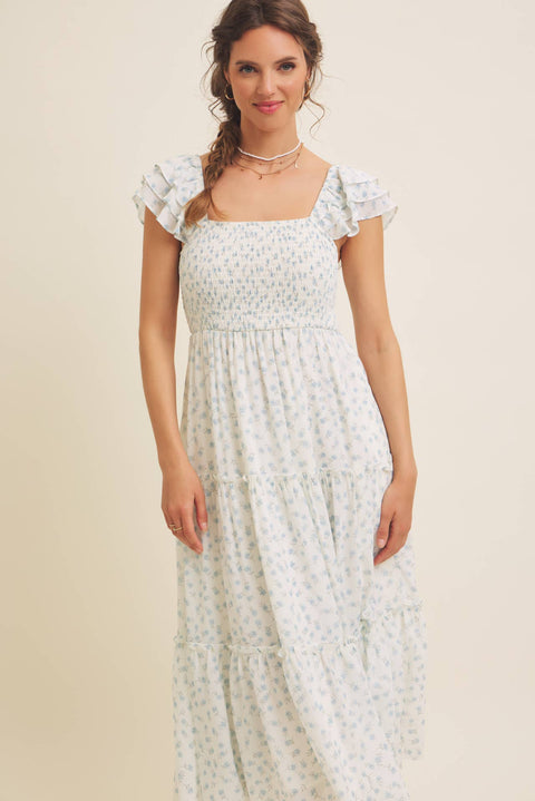 ELEGANT CHIFFON FLORAL SMOCKED MIDI DRESS WITH RUFFLED SLVS