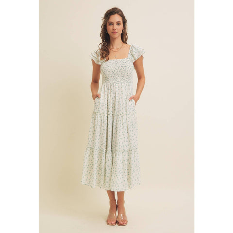 ELEGANT CHIFFON FLORAL SMOCKED MIDI DRESS WITH RUFFLED SLVS