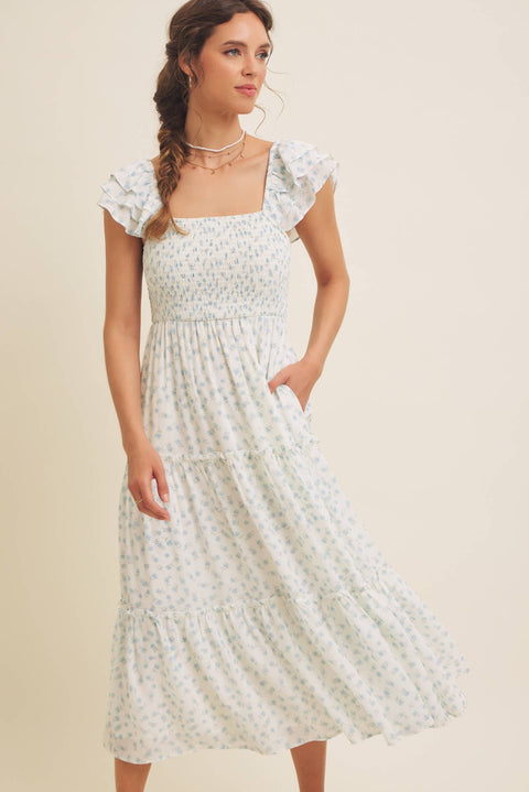 ELEGANT CHIFFON FLORAL SMOCKED MIDI DRESS WITH RUFFLED SLVS