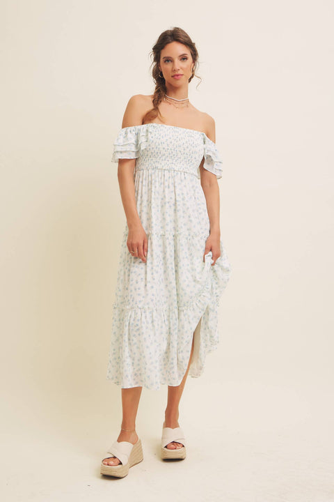 ELEGANT CHIFFON FLORAL SMOCKED MIDI DRESS WITH RUFFLED SLVS