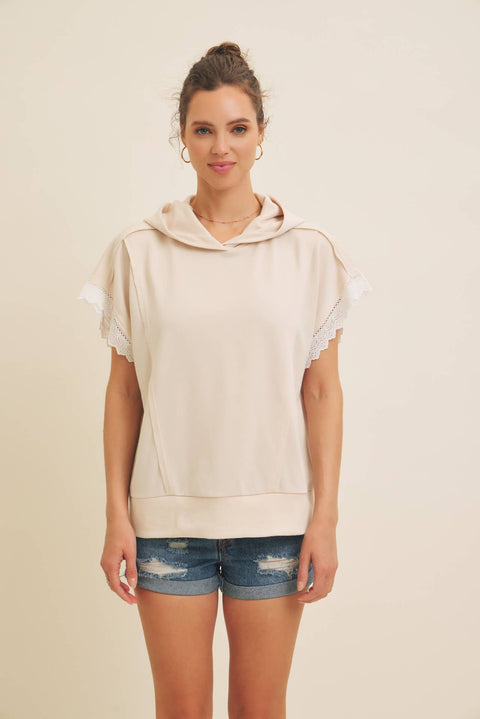 OVERSIZED HOODIE TOP WITH LACE SLEEVED DETAIL