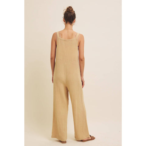 MINERAL-WASHED SUPER SOFT GAUZE WIDE-LEG OVERALL JUMPSUIT