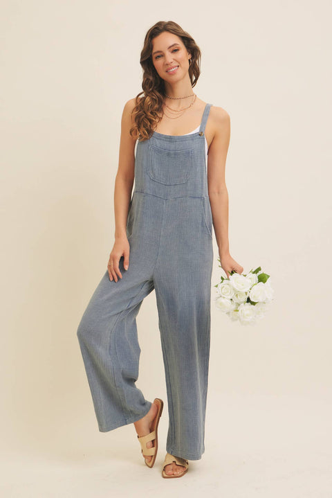 MINERAL-WASHED SUPER SOFT GAUZE WIDE-LEG OVERALL JUMPSUIT