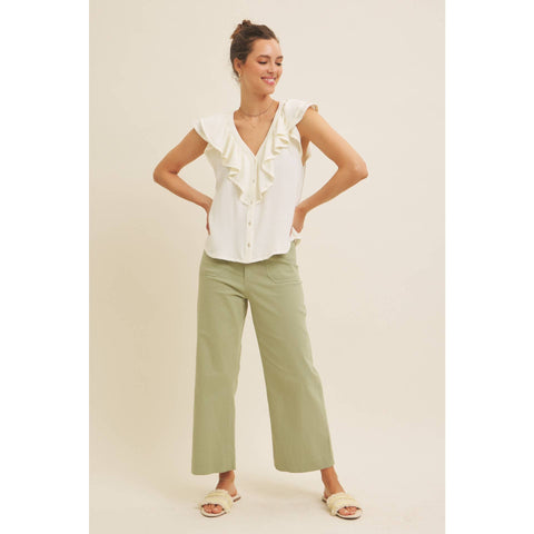 BUTTON-DOWN RUFFLE BLOUSE WITH CONTRAST STITCH