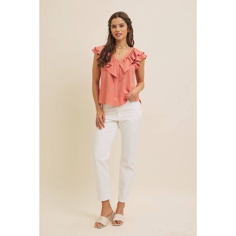 BUTTON-DOWN RUFFLE BLOUSE WITH CONTRAST STITCH