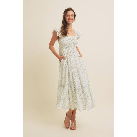 ELEGANT CHIFFON FLORAL SMOCKED MIDI DRESS WITH RUFFLED SLVS