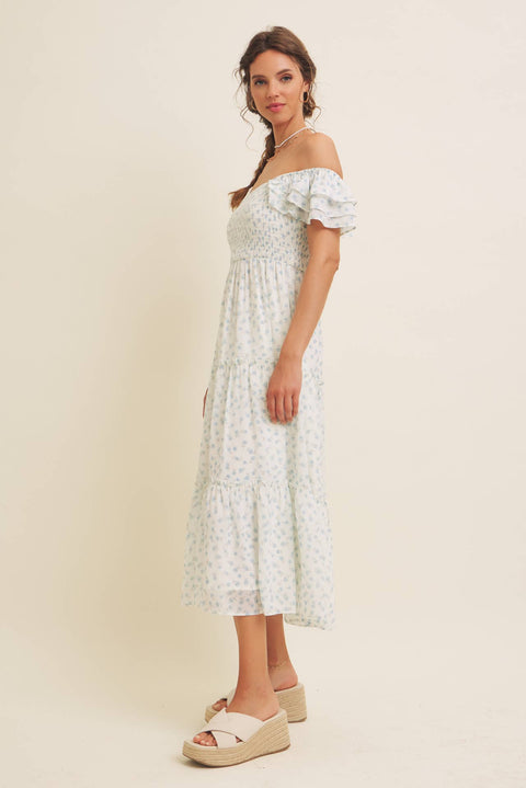 ELEGANT CHIFFON FLORAL SMOCKED MIDI DRESS WITH RUFFLED SLVS