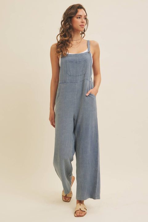 MINERAL-WASHED SUPER SOFT GAUZE WIDE-LEG OVERALL JUMPSUIT