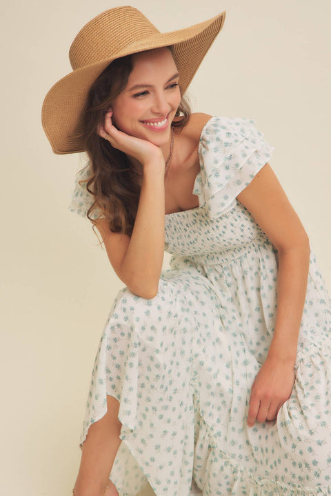 ELEGANT CHIFFON FLORAL SMOCKED MIDI DRESS WITH RUFFLED SLVS