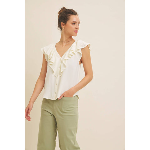 BUTTON-DOWN RUFFLE BLOUSE WITH CONTRAST STITCH