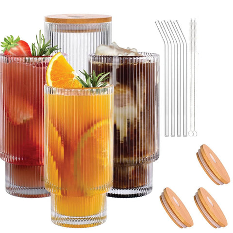 Fluted Vintage Ripple 11 Ounce Clear Glass with Lid + Straw