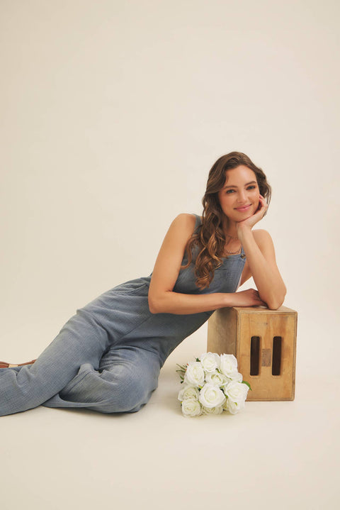 MINERAL-WASHED SUPER SOFT GAUZE WIDE-LEG OVERALL JUMPSUIT
