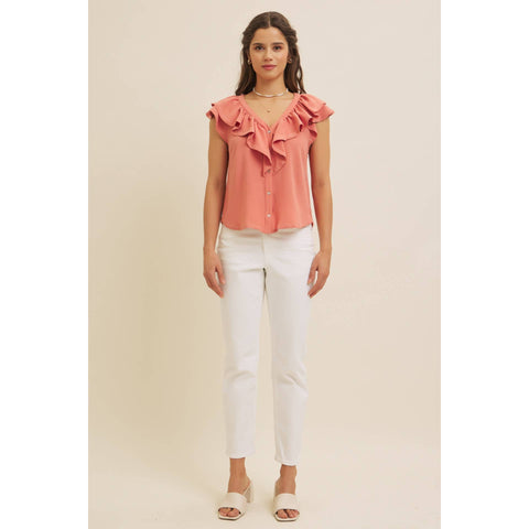 BUTTON-DOWN RUFFLE BLOUSE WITH CONTRAST STITCH