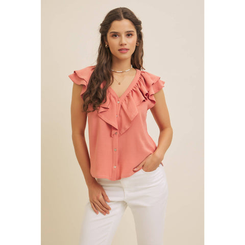 BUTTON-DOWN RUFFLE BLOUSE WITH CONTRAST STITCH