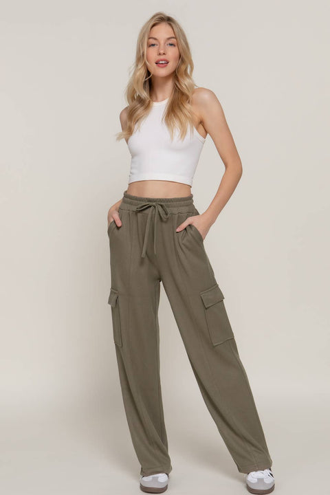 Waistband Drawstring Side Pocket Knit Corduroy Long Pants