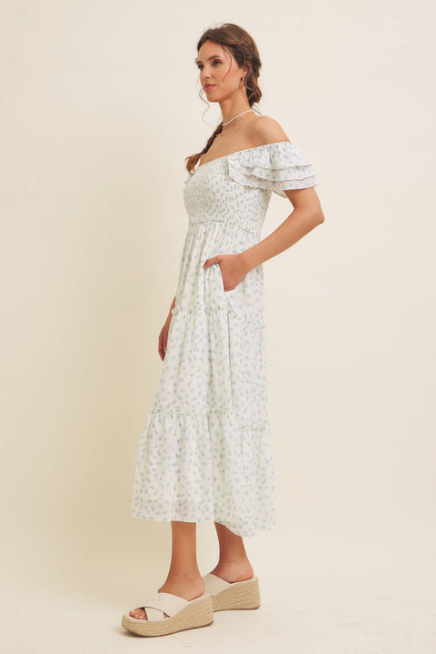 ELEGANT CHIFFON FLORAL SMOCKED MIDI DRESS WITH RUFFLED SLVS