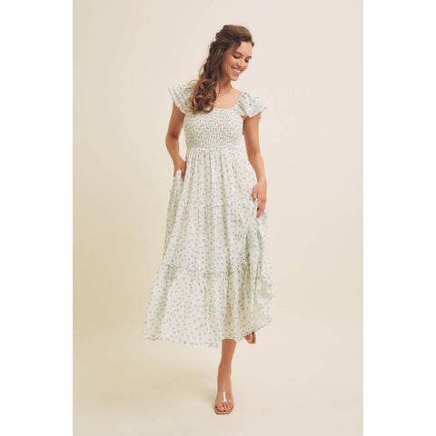 ELEGANT CHIFFON FLORAL SMOCKED MIDI DRESS WITH RUFFLED SLVS