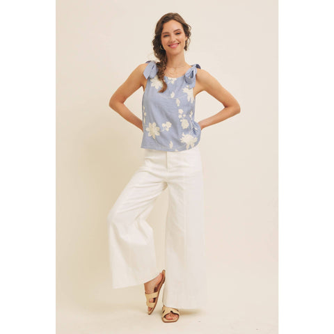ROMANTIC EMBROIDERY BLOUSE TOP WITH BOW STRAPS
