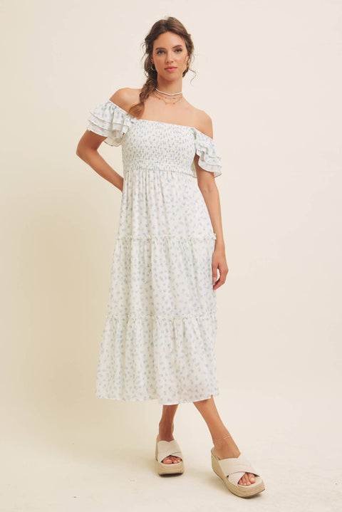 ELEGANT CHIFFON FLORAL SMOCKED MIDI DRESS WITH RUFFLED SLVS
