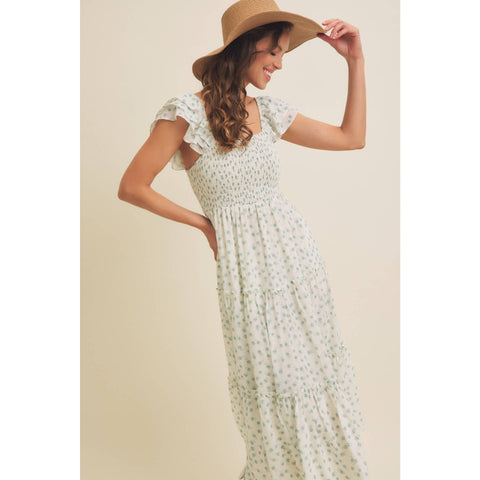 ELEGANT CHIFFON FLORAL SMOCKED MIDI DRESS WITH RUFFLED SLVS