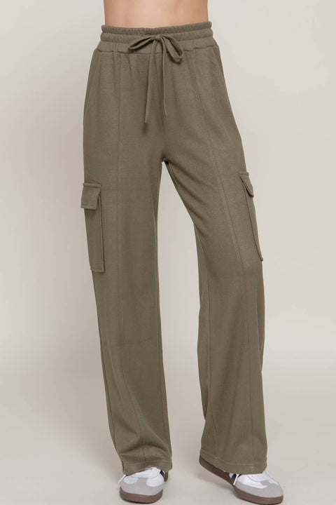 Waistband Drawstring Side Pocket Knit Corduroy Long Pants