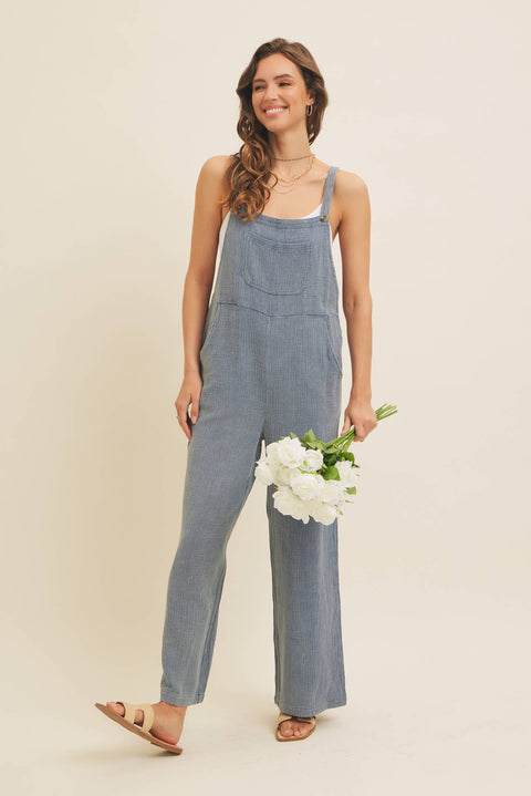 MINERAL-WASHED SUPER SOFT GAUZE WIDE-LEG OVERALL JUMPSUIT