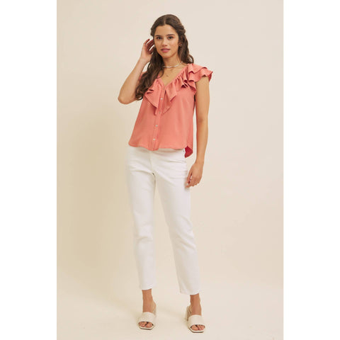 BUTTON-DOWN RUFFLE BLOUSE WITH CONTRAST STITCH