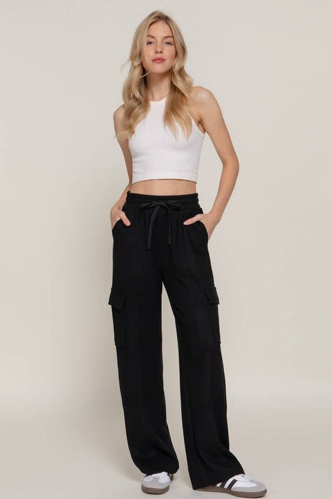 Waistband Drawstring Side Pocket Knit Corduroy Long Pants