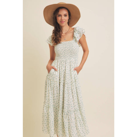 ELEGANT CHIFFON FLORAL SMOCKED MIDI DRESS WITH RUFFLED SLVS