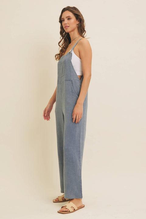 MINERAL-WASHED SUPER SOFT GAUZE WIDE-LEG OVERALL JUMPSUIT