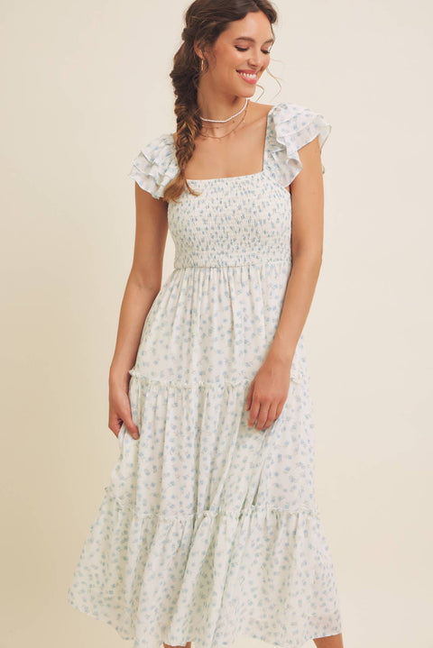 ELEGANT CHIFFON FLORAL SMOCKED MIDI DRESS WITH RUFFLED SLVS
