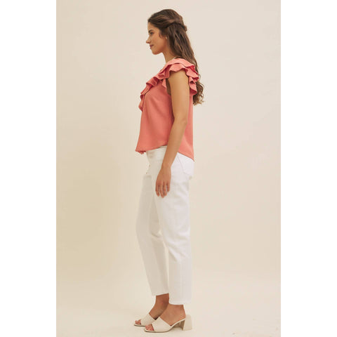BUTTON-DOWN RUFFLE BLOUSE WITH CONTRAST STITCH
