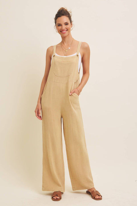 MINERAL-WASHED SUPER SOFT GAUZE WIDE-LEG OVERALL JUMPSUIT