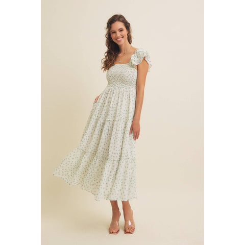 ELEGANT CHIFFON FLORAL SMOCKED MIDI DRESS WITH RUFFLED SLVS