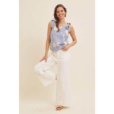 ROMANTIC EMBROIDERY BLOUSE TOP WITH BOW STRAPS