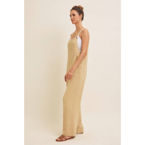 MINERAL-WASHED SUPER SOFT GAUZE WIDE-LEG OVERALL JUMPSUIT