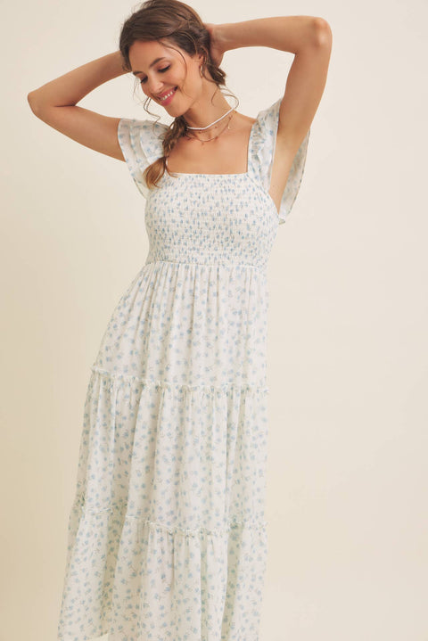 ELEGANT CHIFFON FLORAL SMOCKED MIDI DRESS WITH RUFFLED SLVS