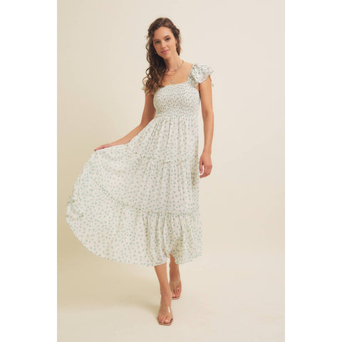 ELEGANT CHIFFON FLORAL SMOCKED MIDI DRESS WITH RUFFLED SLVS