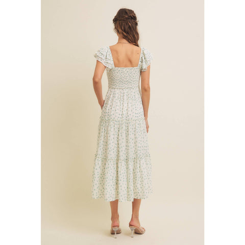 ELEGANT CHIFFON FLORAL SMOCKED MIDI DRESS WITH RUFFLED SLVS