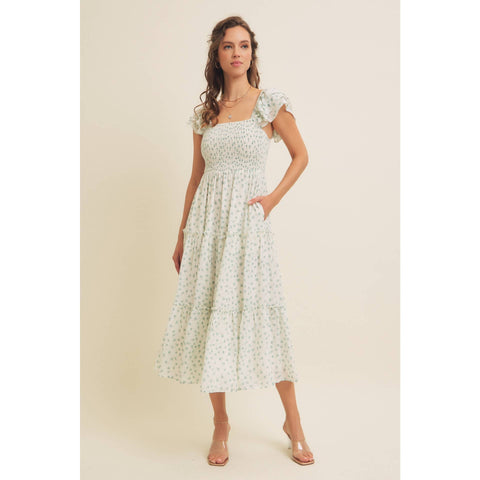 ELEGANT CHIFFON FLORAL SMOCKED MIDI DRESS WITH RUFFLED SLVS