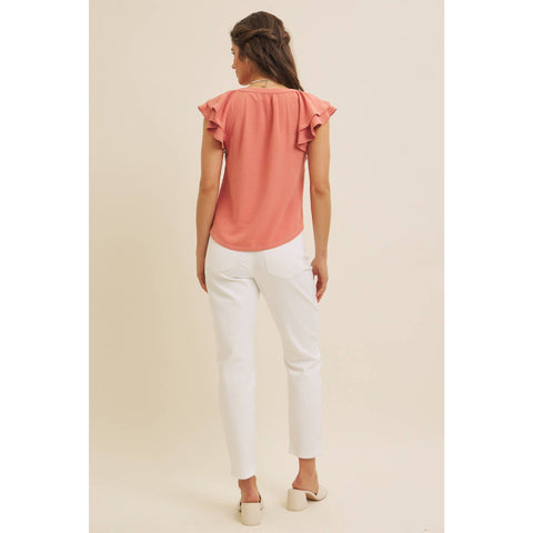 BUTTON-DOWN RUFFLE BLOUSE WITH CONTRAST STITCH