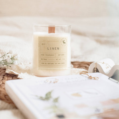 Linen Signature Soy Wax Candle, 11 oz wood wick