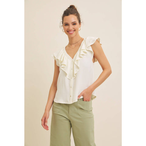 BUTTON-DOWN RUFFLE BLOUSE WITH CONTRAST STITCH
