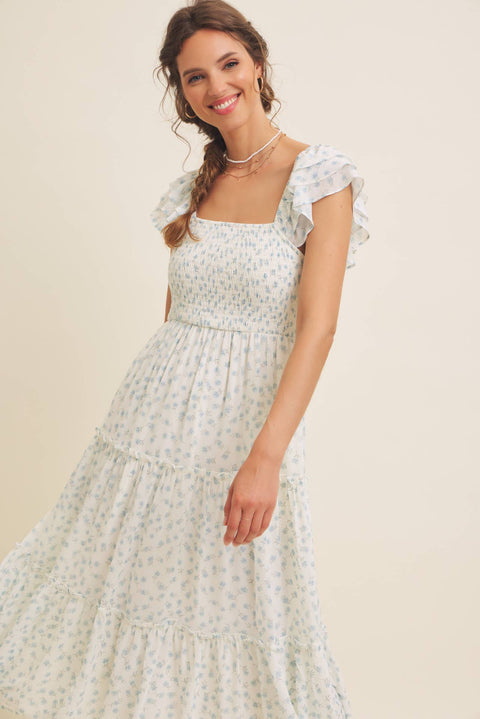 ELEGANT CHIFFON FLORAL SMOCKED MIDI DRESS WITH RUFFLED SLVS