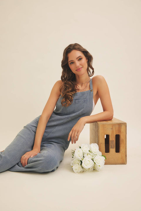 MINERAL-WASHED SUPER SOFT GAUZE WIDE-LEG OVERALL JUMPSUIT