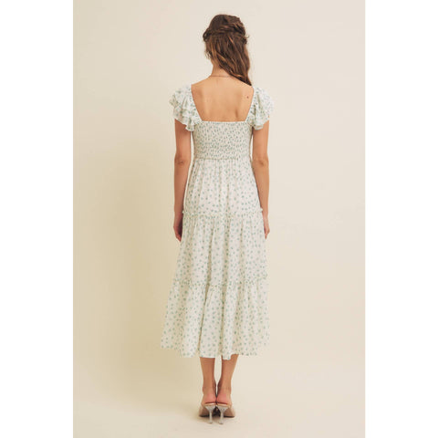 ELEGANT CHIFFON FLORAL SMOCKED MIDI DRESS WITH RUFFLED SLVS