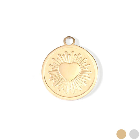 18K Gold PVD Stainless Steel Circle Heart Sun Ray Charm